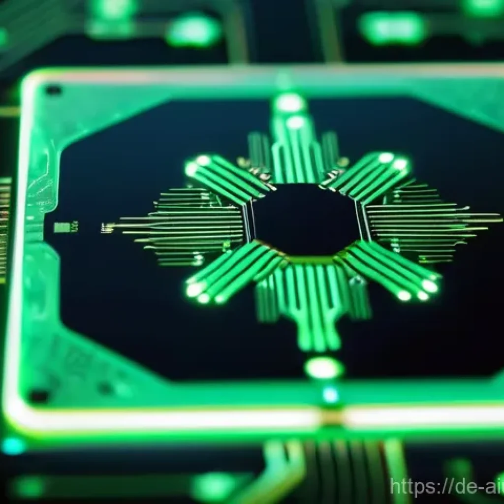 AI 하드웨어 가속기 성능의 지속 가능성 - **Prompt: "A close-up, highly detailed image of a revolutionary, energy-efficient AI chip, glowing w...
