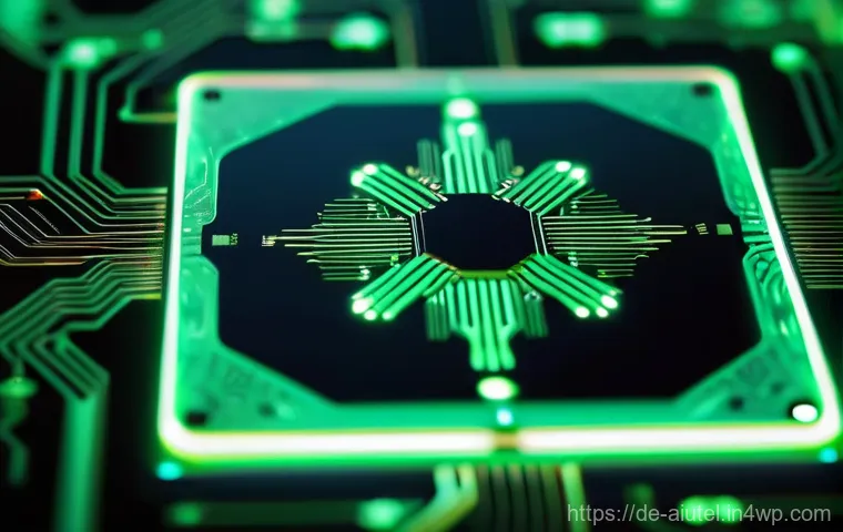 AI 하드웨어 가속기 성능의 지속 가능성 - **Prompt: "A close-up, highly detailed image of a revolutionary, energy-efficient AI chip, glowing w...