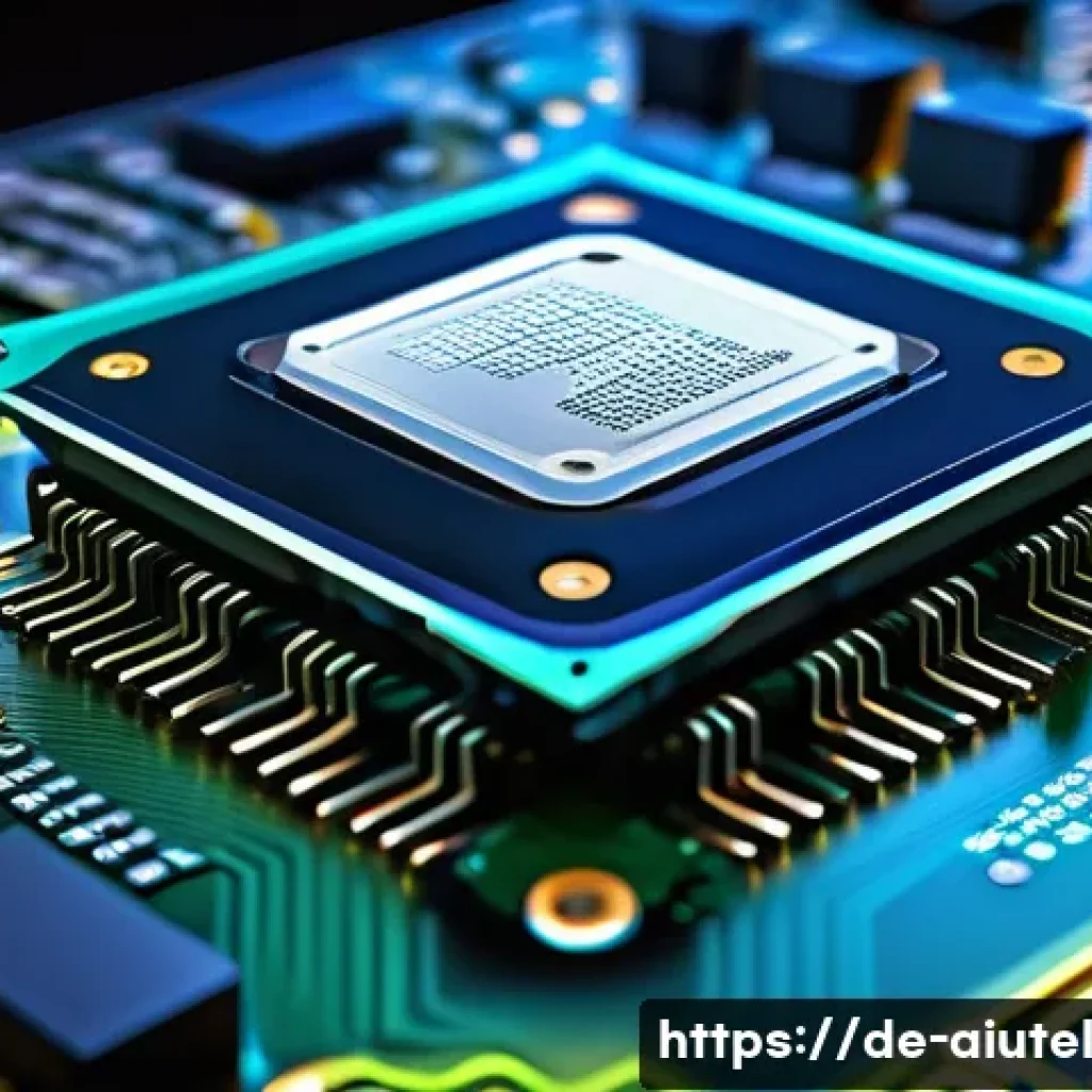 AI 하드웨어 가속기의 미래 기술 동향 - A highly detailed futuristic AI chip design showcasing a compact modular architecture with integrate...
