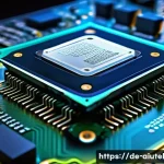 Home 22 AI 하드웨어 가속기의 미래 기술 동향 - A highly detailed futuristic AI chip design showcasing a compact modular architecture with integrate...