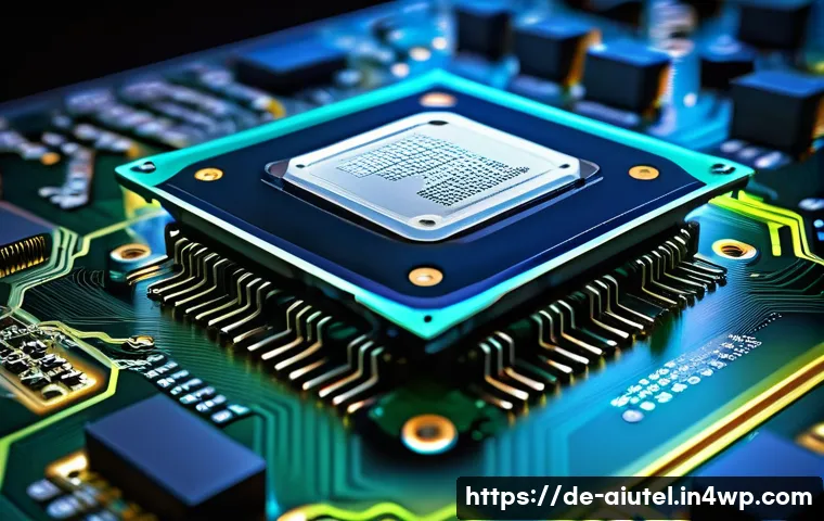 AI 하드웨어 가속기의 미래 기술 동향 - A highly detailed futuristic AI chip design showcasing a compact modular architecture with integrate...