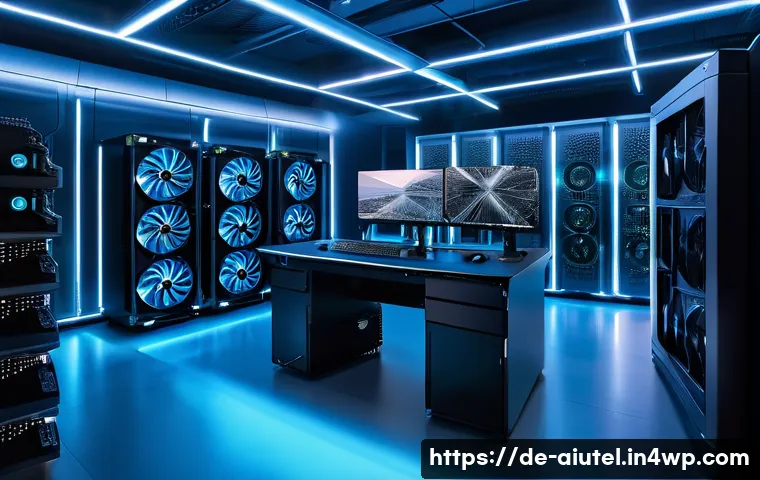 AI 하드웨어 가속기 구매 가이드 - A high-tech computer lab environment showcasing an array of AI hardware accelerators: prominently fe...