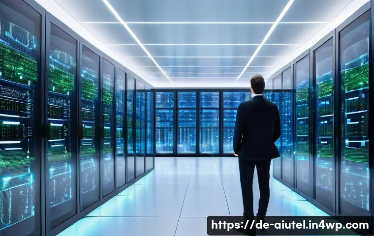 AI 하드웨어 가속기 프로젝트 성공 사례 - A highly detailed futuristic data center interior showcasing rows of advanced AI hardware with modul...
