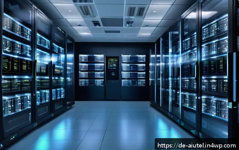 AI 하드웨어 가속기와 사이버 보안 - A modern data center control room with large transparent digital screens displaying real-time cybers...