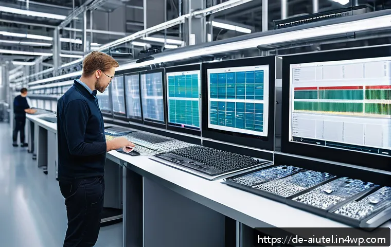 AI 하드웨어 가속기와 기업의 경쟁력 강화 - A high-tech industrial production line inside a modern German factory, featuring advanced AI chips l...