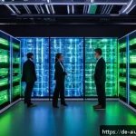 Home 23 TPU의 구조와 작동 원리 - A futuristic data center interior filled with racks of TPU chips glowing softly with blue and green ...