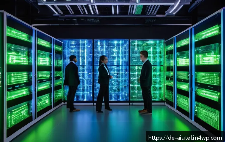 TPU의 구조와 작동 원리 - A futuristic data center interior filled with racks of TPU chips glowing softly with blue and green ...