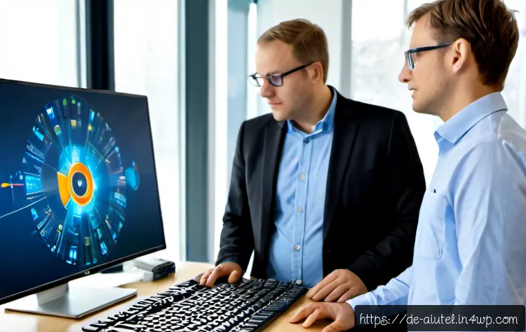 AI 하드웨어 가속기와 데이터 과학 - Photorealistic modern German data science lab, diverse European engineers analyzing a compact AI har...